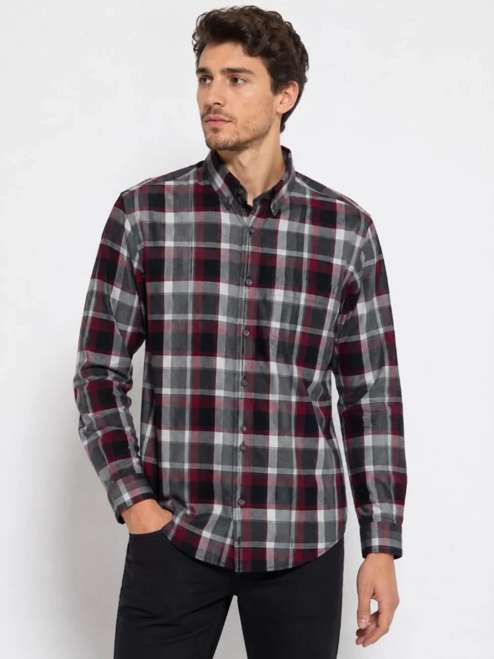 J.Crew Slim Fit Plaid Button Down Shirt Mens L 100% Cotton Burgundy Gray